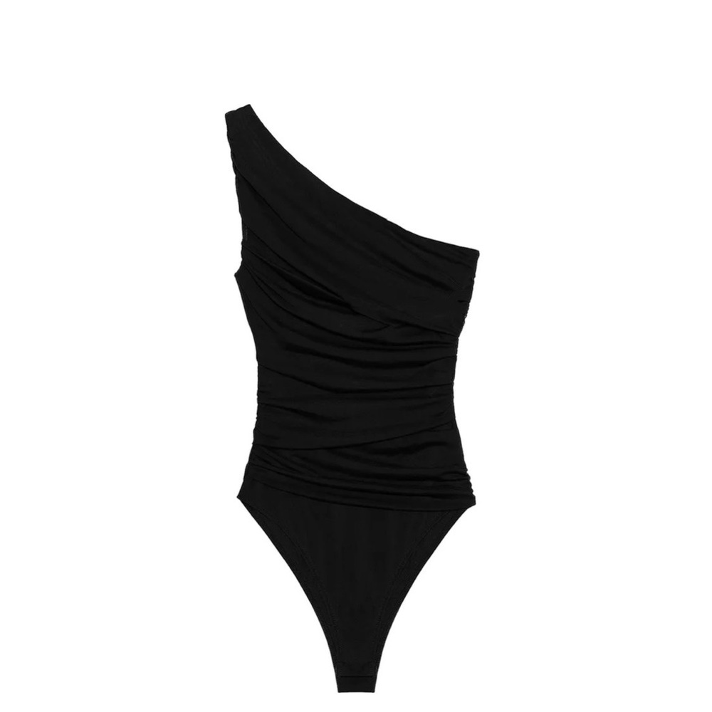 Zara Women’s Tulle Asymmetric Draped One-Shoulder Tulle Black Bodysuit Sz S NWT